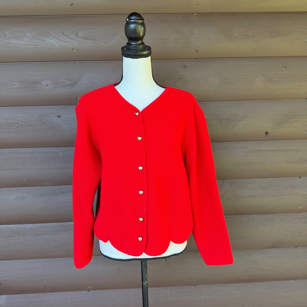Over the Rainbow Group Cardigan Size Large Red Scalloped Gold Button Wool Blend